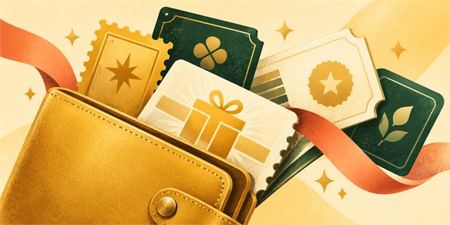 Illustration of reward, gift, and membership passes in a wallet.