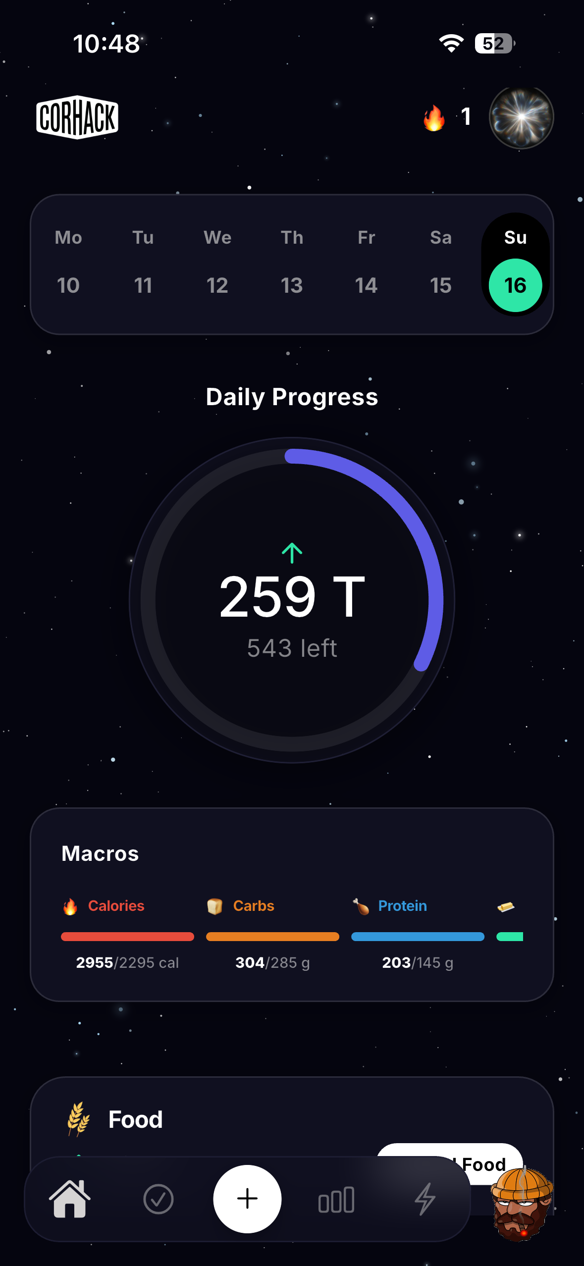 Corhack's daily progress screen with its weekly calendar, T Score ring, food macros, and navigation.